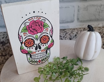 Day of the Dead Skull Wooden Sign, Halloween Tiered Tray Decor
