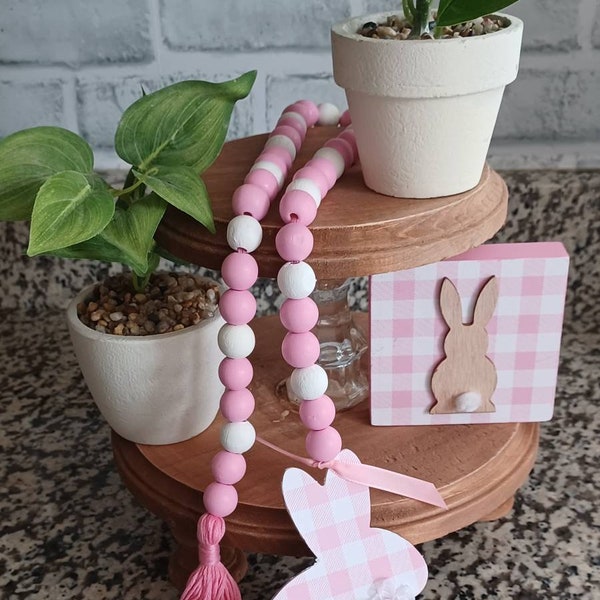 Pink Plaid Bunny Wooden bead Garland for Tiered Tray Decor, Farmhouse Garland, Home decor, Shelf Decor,  Coffee Bar, Mantel, kitchen Decor