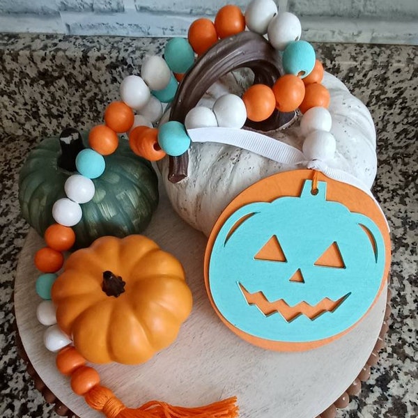 Teal Pumpkin Wooden bead Garland , Tiered Tray Decor, Halloween Garland, Home decor, Shelf Decor,  Coffee Bar, Mantel, Kitchen Decor