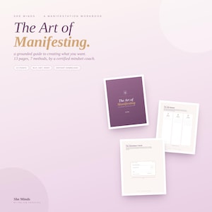 Könnte beinhalten: Ein digitales Manifestations-Arbeitsbuch mit dem Titel The Art of Manifesting, mit einem violetten Einband und zwei Innenseiten mit der 369-Methode und dem Abundance Check. Der Text enthält She Minds, ein fundierter Leitfaden zur Erschaffung dessen, was Sie wollen, 13 Seiten, 7 Methoden, von einem zertifizierten Mindset-Coach, NLP, CBT, NERT und Sofort-Download.