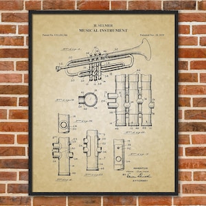 Trumpet Patent Print 1939, Trumpet Patent Poster, Marching Band Art, Vintage Music Poster, Musician Gift, 08025
