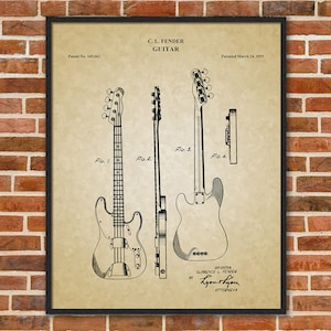 Clarence Fender Bass Guitar Patent Prints, Music Room wall Art, Guitar Teacher Gift, Musician Gifts, Guitar Poster, 09012