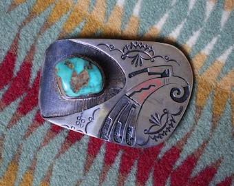 MASTER Art Tofoya, Sterling Silver, Turquoise, Yaqui, Native American, 925, Unique, Geometric, Signed Belt Buckle 76 grams