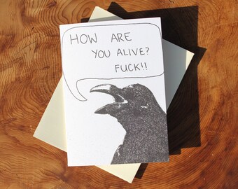 Corbeau corbeau, noir et blanc, joyeux anniversaire drôle, intérieur vide, art de la carte | Unique ou ensemble