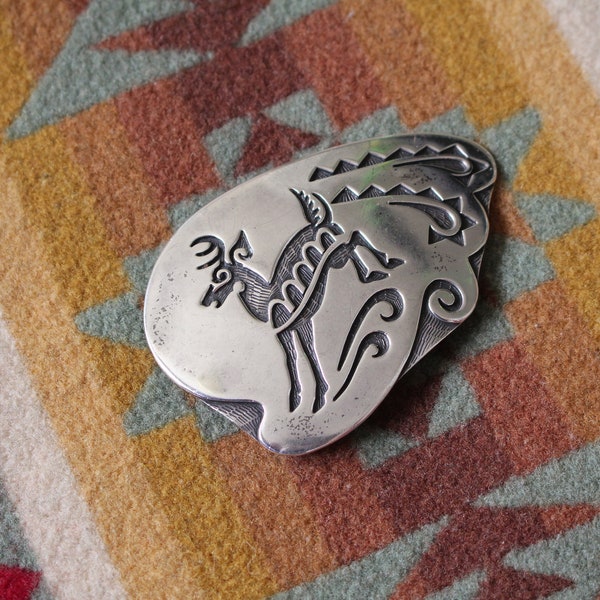 Old Pawn, Native American, Overlay, Sterling Silver, .925, Stylized Deer/Reindeer, Artisan Belt Buckle