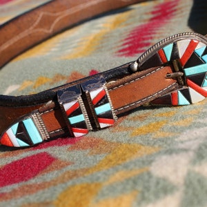 Zuni Sterling Silver Mosaic Inlay 4-Piece Ranger Belt Buckle Set Native Item #1001N- Zuni 4pc High End Multi Stone Sunface Channel  main image 3
