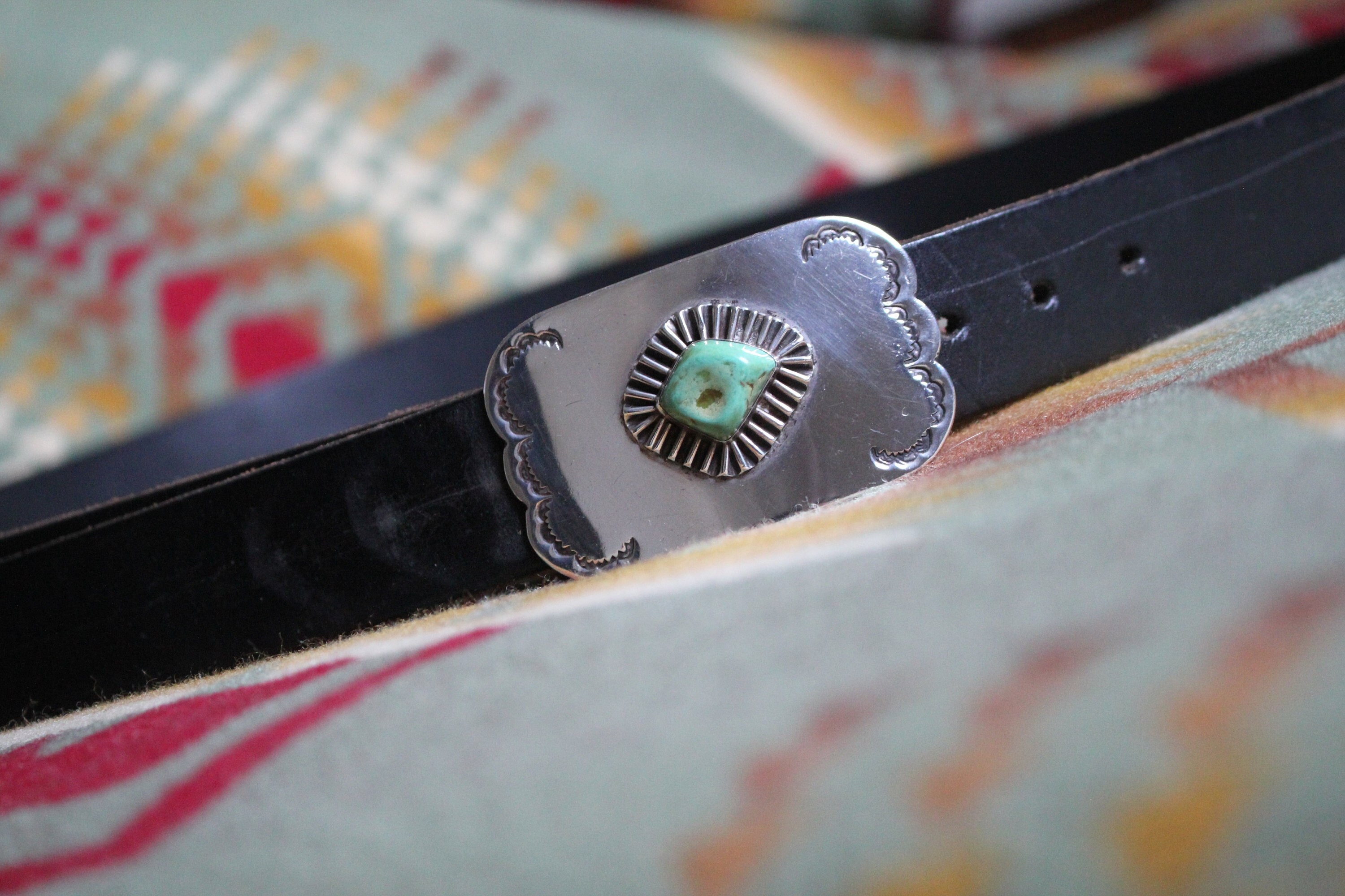 Sterling Silver and Turquoise Southwestern Belt Buckle (Heavy & Solid) Silver Navajo/Mexico Turquoise Belt Buckle, Signed  main image 3