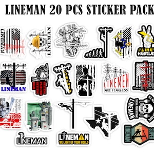 May include: A set of 20 stickers featuring various designs related to linemen. The stickers include images of linemen working on power lines, American flags, and slogans such as "Lineman are fearless" and "Line Hustler".