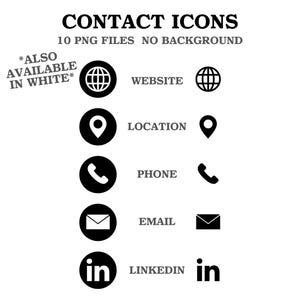 May include: Black and white contact icons, including website, location, phone, email, and LinkedIn symbols. Text reads "CONTACT ICONS" and "10 PNG FILES NO BACKGROUND." Also available in white.