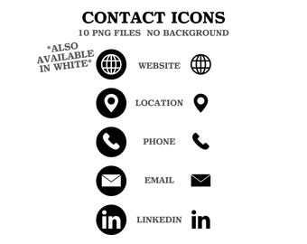 May include: A collection of black and white contact icons, such as website, location, phone, email, and LinkedIn. The text reads "CONTACT ICONS" and "10 PNG FILES NO BACKGROUND." Also available in white.
