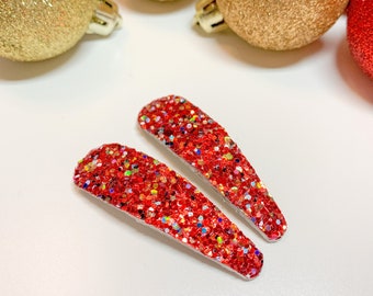 Sparkle Red Hair Clips, Glitter Red Barrettes, Sparkly Hair Accessories, gifts for girls, Red sparkle Snap Clips, Gifts for her