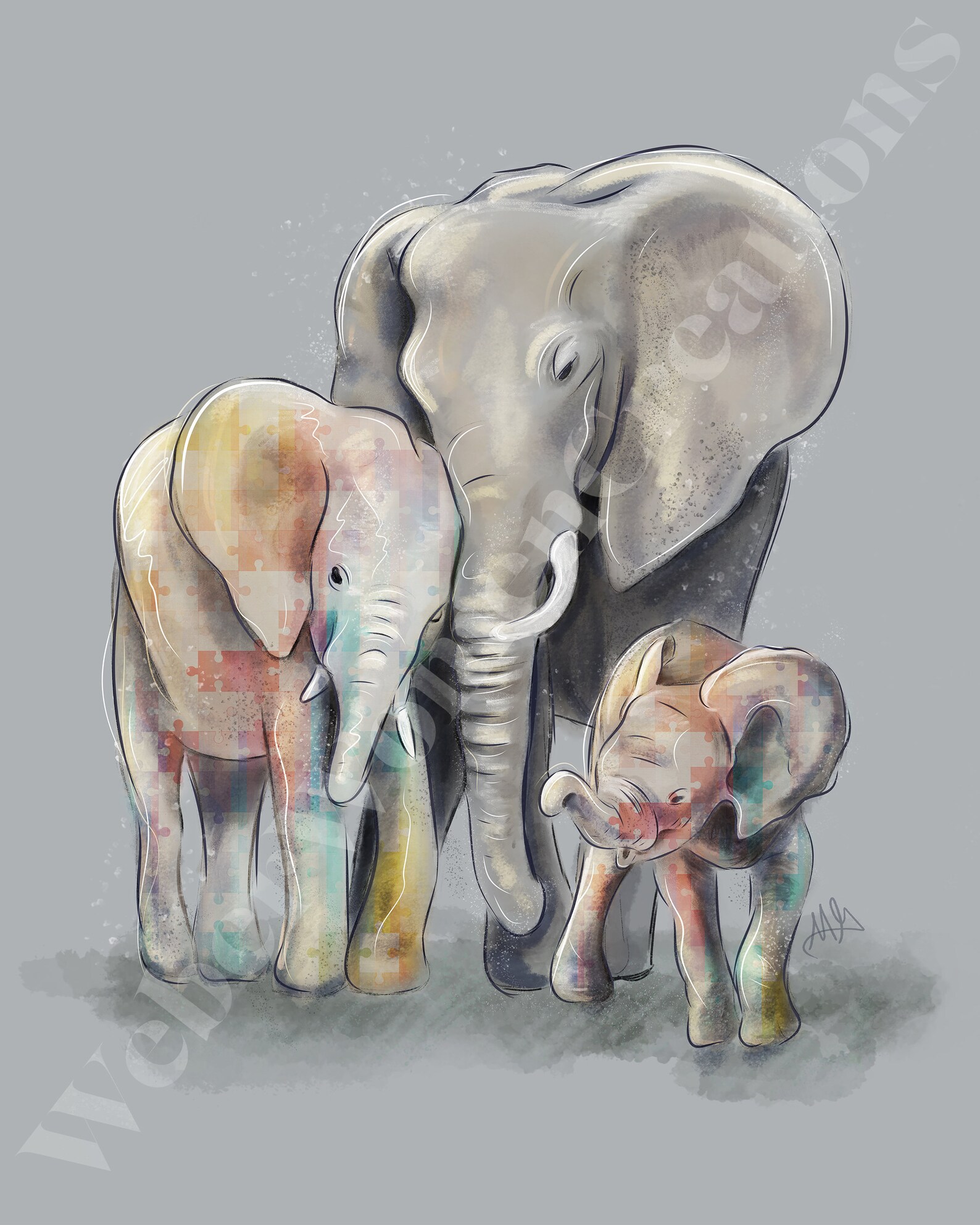 Elephant Family Parents with Babies Wall Art Autism Love Etsy