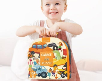 Jumbo Cars Animals Garage Children Jigsaw Puzzle w/ Treasure Box Case 104Pc - STEM Educational Learning Toy - Unique Birthday Christmas Gift