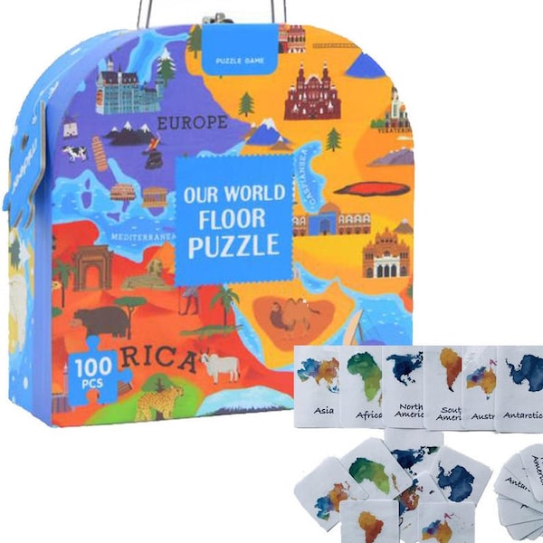 World Map Geography Children Jigsaw Puzzle Treasure Box 100Pcs- Montessori 3 Part Cards- Continent Countries - STEM Educational Learning Toy