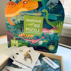 Dinosaur Age Enfants Puzzle 104 Pièces avec Montessori 3 parties Cartes - STEM Educational Learning Toy - Cadeau de Noël anniversaire unique