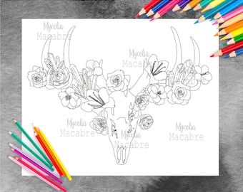 Crystal Adorned Floral Skull/ Skull Art/ Crystal Art/Crystal Coloring page