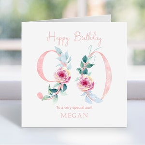 Personalisierte Blumennummer alles Gute zum Geburtstag Grußkarte, rosa Blumen 90, 91, 92, 93, 94, 95, 96, 97, 98, 99 Geburtstagskarte, schöne Blumen.