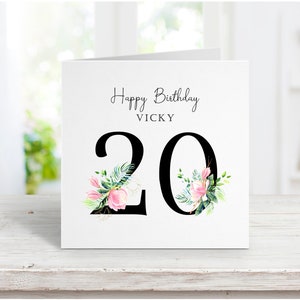 Gepersonaliseerde bloemennummer gelukkige verjaardagswenskaart, zwarte bloemen 20, 21, 22, 23, 24, 25, 26, 27, 28, 29 verjaardagskaart, mooie bloemen