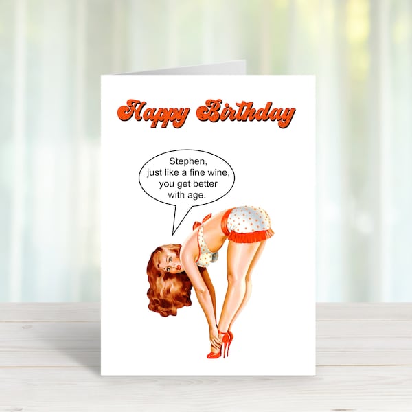 Customisable vintage sexy pin up girl birthday card. Classic 1950s Vintage style Greeting Card. Retro birthday sexy girl card.