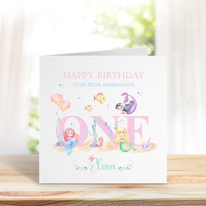 Carte de 1er anniversaire de sirène pour fillette d'un an, carte d'anniversaire de sirène personnalisée, carte de sirène pour enfants, carte de sirène de petite fille