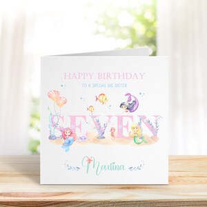 Carte de sirène de 7e anniversaire, septième carte d'anniversaire personnalisée, carte d'anniversaire de sirène, carte de sirène pour enfants, carte de sirène de petite fille