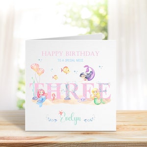 Carte de sirène de 3e anniversaire, troisième carte d'anniversaire personnalisée, carte d'anniversaire de sirène personnalisée, carte de sirène pour enfants, carte de sirène de petite fille