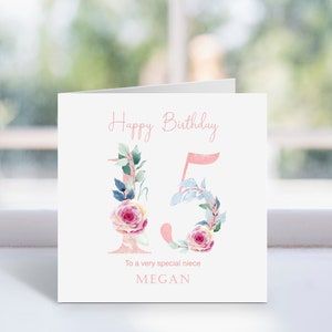 Personalisierte Blumennummer alles Gute zum Geburtstag Grußkarte, rosa Blumen 15, 16, 17, 18, 19 Geburtstagskarte, schöne Blumen.