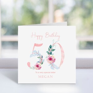 Personalisierte Blumennummer alles Gute zum Geburtstag Grußkarte, rosa Blumen 50, 51, 52, 53, 54, 55, 56, 57, 58, 59 Geburtstagskarte, schöne Blumen.
