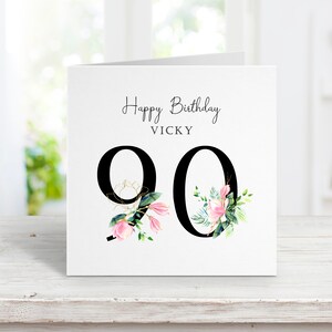 Personalisierte Blumennummer alles Gute zum Geburtstag Grußkarte, schwarzes Blumen 90, 91, 92, 93, 94, 95, 96, 97, 98, 99 Geburtstagskarte, schönes Blumen