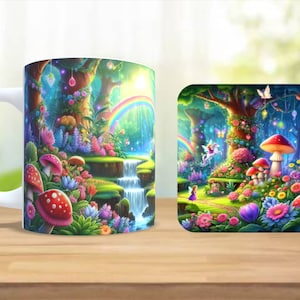 May include: A white ceramic mug and square coaster set with a colourful, whimsical forest scene. The design includes a rainbow, waterfalls, mushrooms, and flowers. The artwork has a fantasy theme.