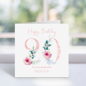 Gepersonaliseerde bloemennummer gelukkige verjaardagswenskaart, roze bloemen 20, 21, 22, 23, 24, 25, 26, 27, 28, 29 verjaardagskaart, mooie bloemen.