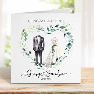 Carte de mariage florale personnalisée pour les jeunes mariés, Félicitations pour votre carte de mariage, Carte de mariage coeur fleurs sauvages, Carte Just Married