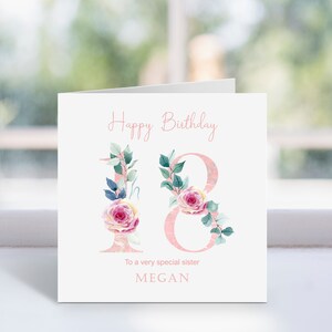 Personalisierte Blumennummer alles Gute zum Geburtstag Grußkarte, rosa Blumen 18 Geburtstagskarte, schöne Blumen.