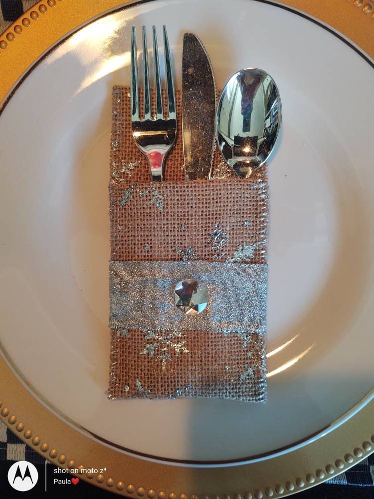 Silverware holder set of three burlap jute silver Etsy