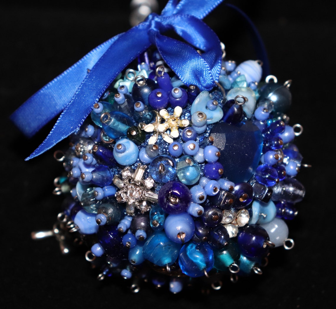 Large Blue Jeweled Ornament Blue Beads Rhinestones Decorated Etsy