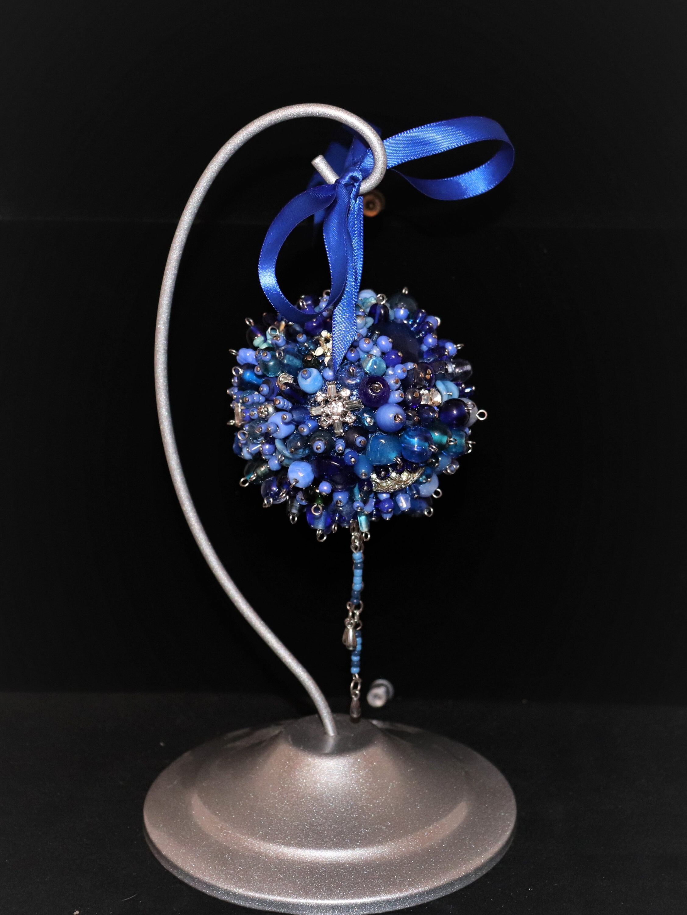 Large Blue Jeweled Ornament Blue Beads Rhinestones Decorated Etsy