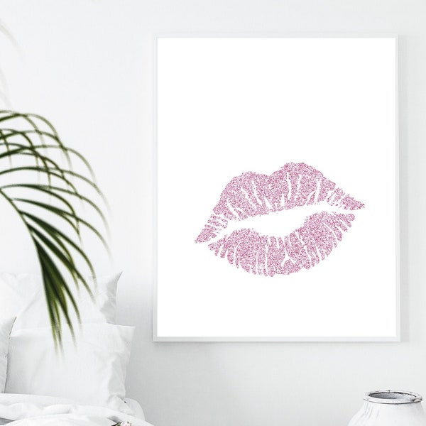 Girly Wall Decor, Wall Art, Teen Girl Room Decor, Above Bed Art, Tween Fashion print, Pink Sparkle Lips, Kiss Lips, Miss You Gift