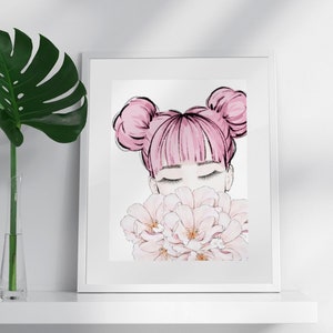 Pastel Pink Kawaii Girl, Cherry Blossom Print for Instant Download, Glam Wall Art, Blush Pink Nursery, Sakura Anime Art, Kawaii Room Decor