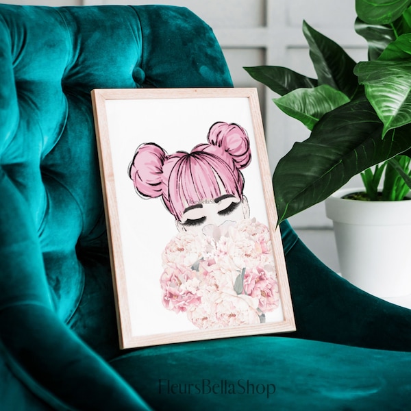 Pastel Pink Print Kawaii Girl Smelling Peony W/Diamond Accents, College Glam Wall Art, Blush Pink Nursery, Floral Anime Tween Girl Room