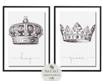 Poster koning en koningin, koninginkroon, koningskroon, heer en mevrouw boven bed muurdecoratie, huwelijkscadeau-idee, set van 2 prints, kunst stel slaapkamer