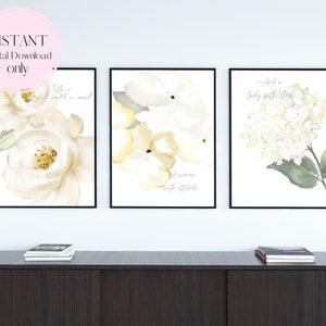 Girly Gallery Wall Set, Beige Botanical Posters, Set of 3, Trendy Boho Chic, Quote Wall Art, Watercolor Wall Art Printable Decor