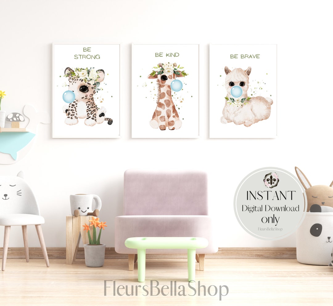 Set of 3 Baby Animal Bubble Gum Prints for Nursery Decor, Safari ...