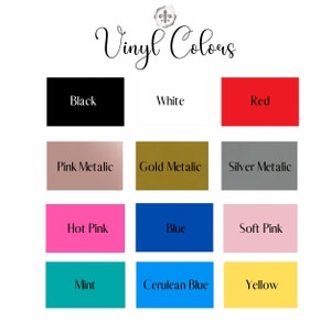 Op de afbeelding: Een kaart met 12 verschillende vinylkleuren, waaronder zwart, wit, rood, roze metallic, goud metallic, zilver metallic, roze, blauw, zacht roze, mint, cerulean blauw en geel.