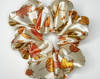 Fall Leaves Silk Oversized Scrunchie, Fall Scrunchie, Autumn Scrunchie, Leaf Pattern Scrunchie