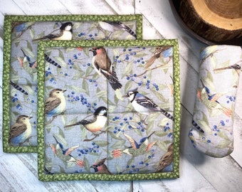 Chickadees A Whole-Cloth Cotton Print with Dusty Blue Background Potholder Great Gift Idea Adorable