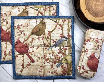 Chickadees A Whole-Cloth Cotton Print with Dusty Blue Background Potholder Great Gift Idea Adorable