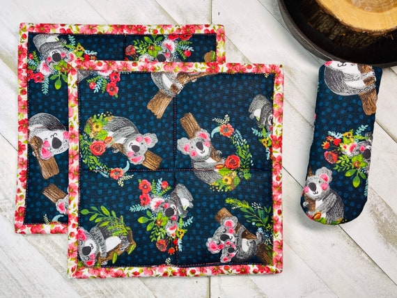 3PC Set Handmade Pot Holders & Pan Handle Cover Handmade Hot Pad Skillet  Sock Potholders Koala Bear Floral Cute Potholders Navy 