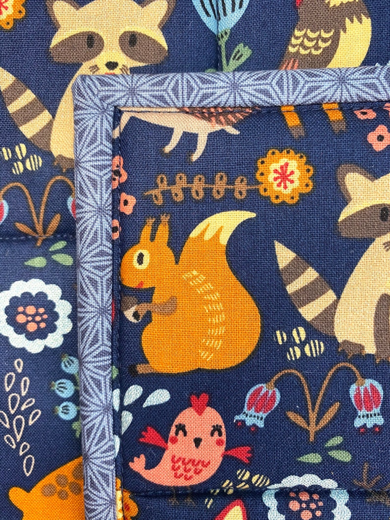 Handmade Pot holders /& Pan Handle Cover; Handmade; Hot pad; Skillet Sock; Potholders; Boho Woodland; Forest; Deer; Fox;Owl;Squirrel 3PC Set