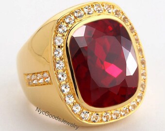Big Red Ruby Cross Bishop Ring Diamond Mens Jewelry 14K White Gold Over
