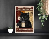 Vintage Funny Black Cat Coffee Canvas Print Wall Art Hanging. Humorous Cat Art Print Home Wall Decor. Coffee Cat Lover Canvas Poster Gift